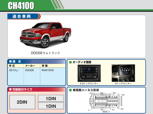 PAC JAPAN / CH4100 2DIN オーディオ/ナビ取付キット (2013y- ダッジ ラムピックアップ(8.4インチモニター車以外))