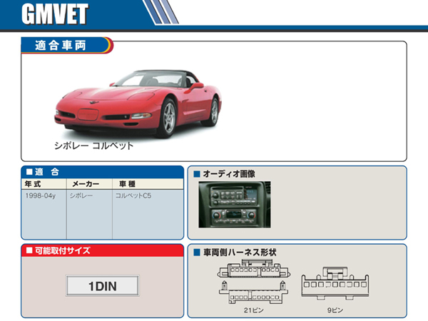 PAC JAPAN / GMVET 1DIN オーディオ/ナビ取付キット (1998-2004y シボレーコルベット)